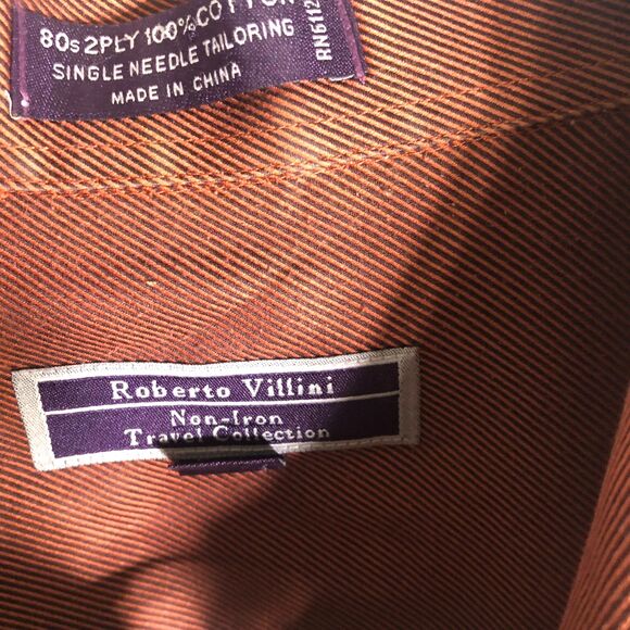 Roberto Villini Men's Orange Herringbone Non-Iron Shirt 100% Cotton 16 32/33 - Picture 5 of 8
